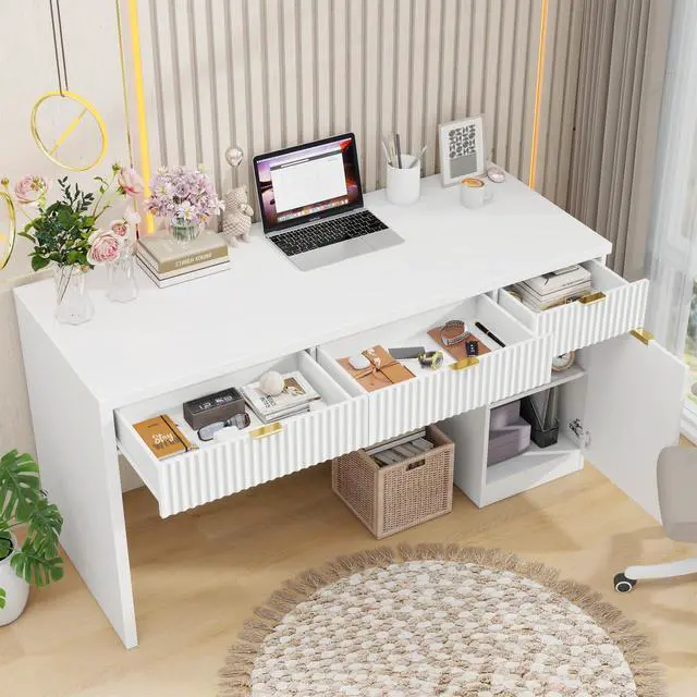 Alt view image 4 of 6 - 60" Executive Desk with Fluted Drawers, Wood Home Office Desk with Storage Cabinet, Fluted Reversible Computer Writing Desk for Study, Living Room, Cream White