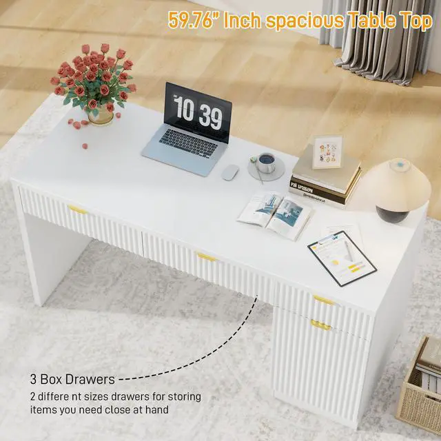 Alt view image 6 of 6 - 60" Executive Desk with Fluted Drawers, Wood Home Office Desk with Storage Cabinet, Fluted Reversible Computer Writing Desk for Study, Living Room, Cream White