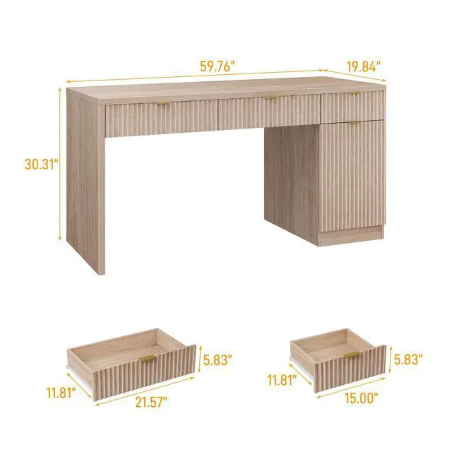 Alt view image 2 of 6 - 60" Executive Desk with Fluted Drawers, Wood Home Office Desk with Storage Cabinet, Fluted Reversible Computer Writing Desk for Study, Living Room, Oak
