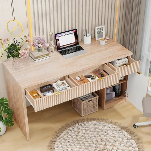 Alt view image 4 of 6 - 60" Executive Desk with Fluted Drawers, Wood Home Office Desk with Storage Cabinet, Fluted Reversible Computer Writing Desk for Study, Living Room, Oak