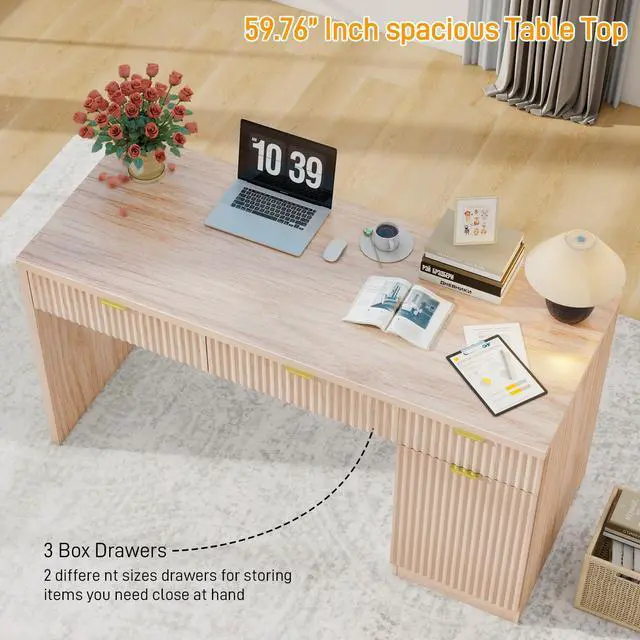 Alt view image 6 of 6 - 60" Executive Desk with Fluted Drawers, Wood Home Office Desk with Storage Cabinet, Fluted Reversible Computer Writing Desk for Study, Living Room, Oak