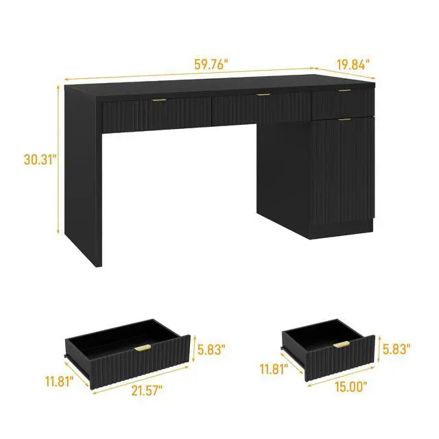 Alt view image 2 of 6 - 60" Executive Desk with Fluted Drawers, Wood Home Office Desk with Storage Cabinet, Fluted Reversible Computer Writing Desk for Study, Living Room, Pure Black