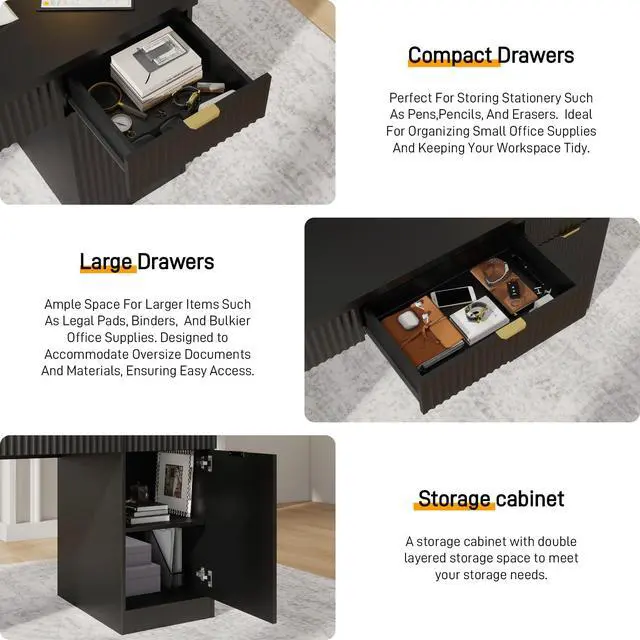 Alt view image 3 of 6 - 60" Executive Desk with Fluted Drawers, Wood Home Office Desk with Storage Cabinet, Fluted Reversible Computer Writing Desk for Study, Living Room, Pure Black