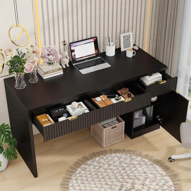 Alt view image 4 of 6 - 60" Executive Desk with Fluted Drawers, Wood Home Office Desk with Storage Cabinet, Fluted Reversible Computer Writing Desk for Study, Living Room, Pure Black