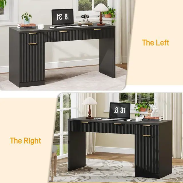 Alt view image 5 of 6 - 60" Executive Desk with Fluted Drawers, Wood Home Office Desk with Storage Cabinet, Fluted Reversible Computer Writing Desk for Study, Living Room, Pure Black