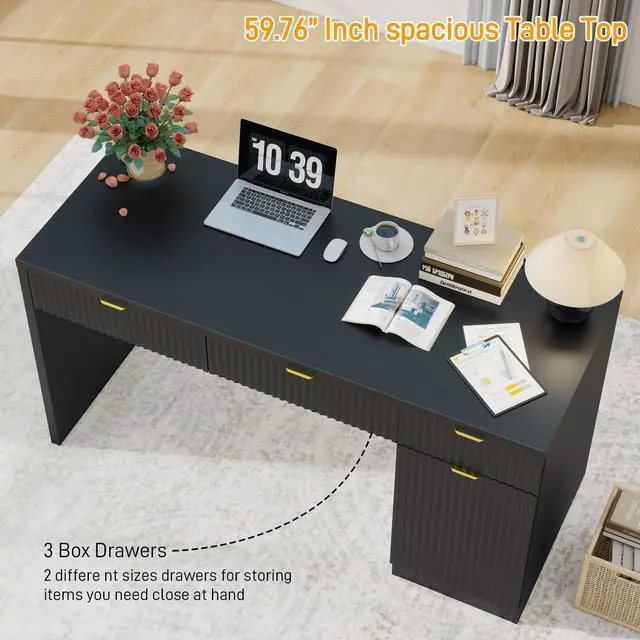 Alt view image 6 of 6 - 60" Executive Desk with Fluted Drawers, Wood Home Office Desk with Storage Cabinet, Fluted Reversible Computer Writing Desk for Study, Living Room, Pure Black