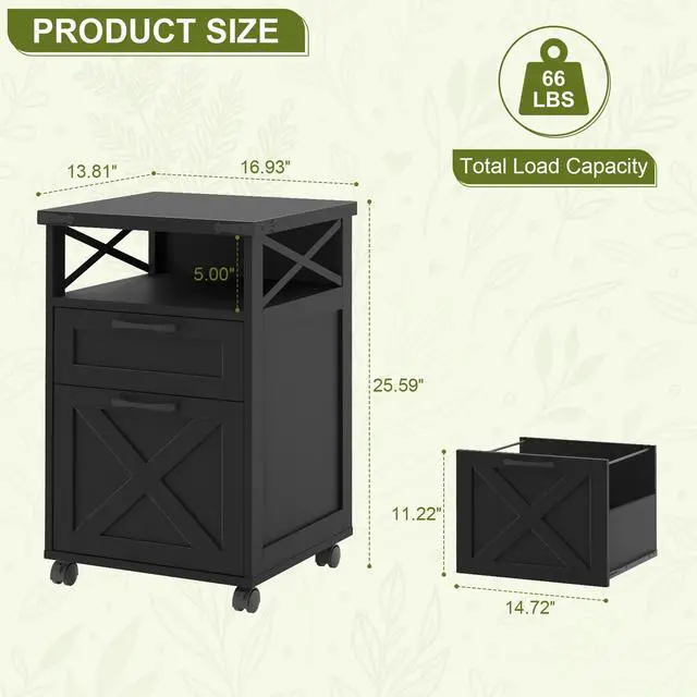 Alt view image 2 of 6 - Farmhouse Filing Cabinet with Open Storage Space & Wheels, Office Filing Vertical Cabinet with 2 Drawers, Printer Stand for Hanging Files Letter/A4, Under Desk Storage Cabinets for Home Office.Grey
