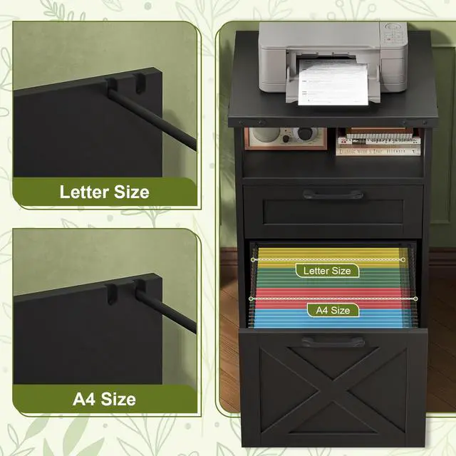 Alt view image 4 of 6 - Farmhouse Filing Cabinet with Open Storage Space & Wheels, Office Filing Vertical Cabinet with 2 Drawers, Printer Stand for Hanging Files Letter/A4, Under Desk Storage Cabinets for Home Office.Grey