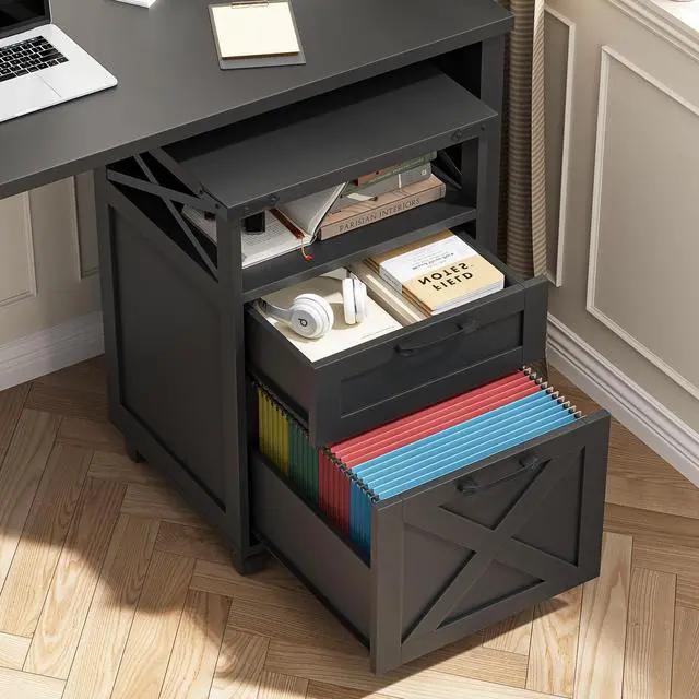 Alt view image 5 of 6 - Farmhouse Filing Cabinet with Open Storage Space & Wheels, Office Filing Vertical Cabinet with 2 Drawers, Printer Stand for Hanging Files Letter/A4, Under Desk Storage Cabinets for Home Office.Grey
