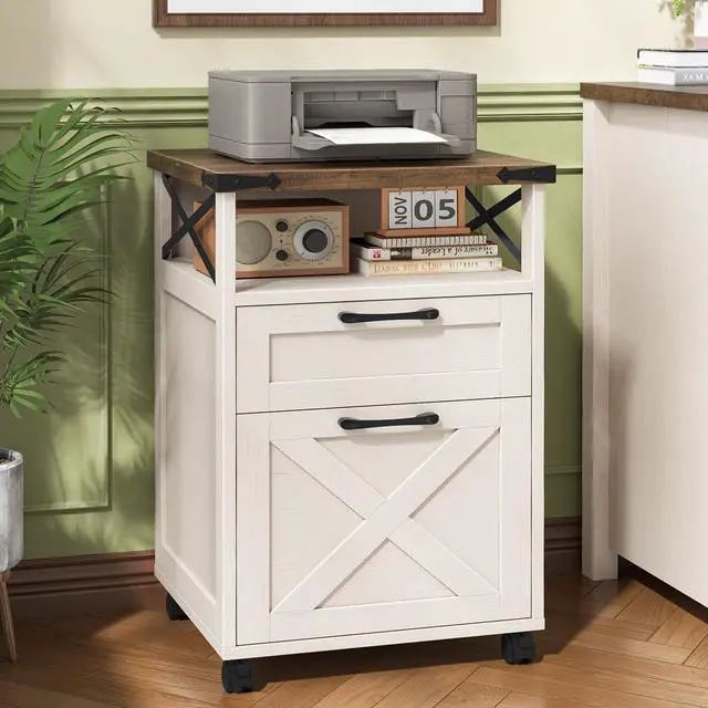 Main image of Farmhouse Filing Cabinet with Open Storage Space & Wheels, Office Filing Vertical Cabinet with 2 Drawers, Printer Stand for Hanging Files Letter/A4, Under Desk Storage Cabinets for Home Office. White