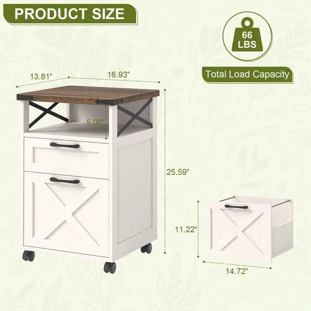 Alt view image 2 of 6 - Farmhouse Filing Cabinet with Open Storage Space & Wheels, Office Filing Vertical Cabinet with 2 Drawers, Printer Stand for Hanging Files Letter/A4, Under Desk Storage Cabinets for Home Office. White