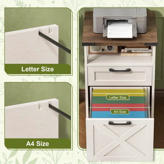Alt view image 4 of 6 - Farmhouse Filing Cabinet with Open Storage Space & Wheels, Office Filing Vertical Cabinet with 2 Drawers, Printer Stand for Hanging Files Letter/A4, Under Desk Storage Cabinets for Home Office. White