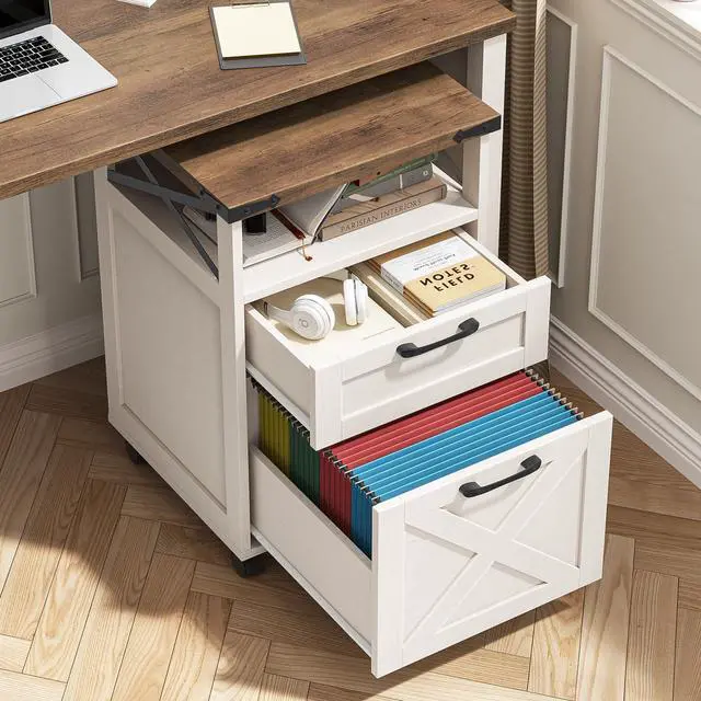 Alt view image 5 of 6 - Farmhouse Filing Cabinet with Open Storage Space & Wheels, Office Filing Vertical Cabinet with 2 Drawers, Printer Stand for Hanging Files Letter/A4, Under Desk Storage Cabinets for Home Office. White