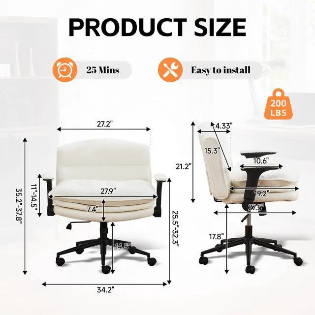 Alt view image 2 of 6 - Criss Cross Chair with Flip-up Arms, Wide Criss Legged Chair with 3 Layer Cushion, Ergonomic Office Desk Chair with Wheels, Swivel Vanity Chair for Office, Living Room, Bedroom, Boucle White