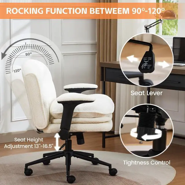Alt view image 3 of 6 - Criss Cross Chair with Flip-up Arms, Wide Criss Legged Chair with 3 Layer Cushion, Ergonomic Office Desk Chair with Wheels, Swivel Vanity Chair for Office, Living Room, Bedroom, Boucle White
