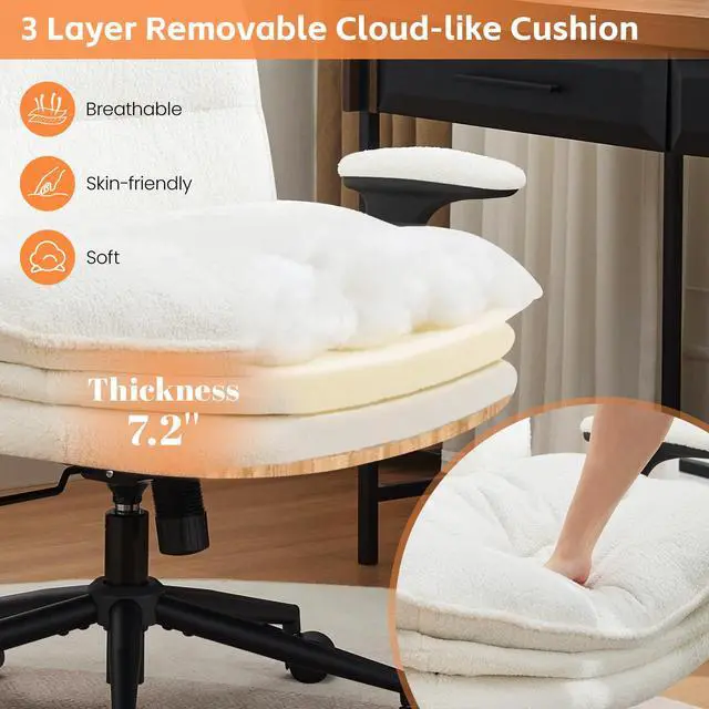 Alt view image 4 of 6 - Criss Cross Chair with Flip-up Arms, Wide Criss Legged Chair with 3 Layer Cushion, Ergonomic Office Desk Chair with Wheels, Swivel Vanity Chair for Office, Living Room, Bedroom, Boucle White