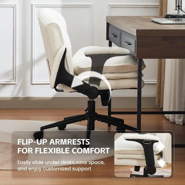 Alt view image 5 of 6 - Criss Cross Chair with Flip-up Arms, Wide Criss Legged Chair with 3 Layer Cushion, Ergonomic Office Desk Chair with Wheels, Swivel Vanity Chair for Office, Living Room, Bedroom, Boucle White
