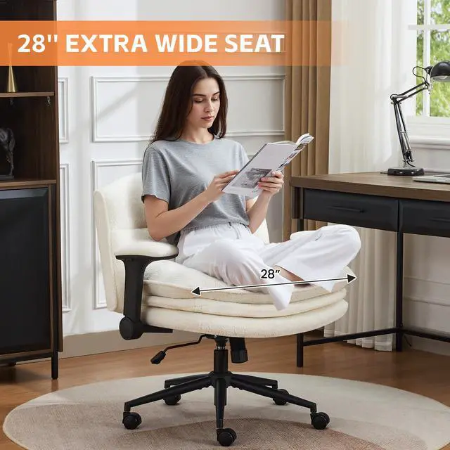 Alt view image 6 of 6 - Criss Cross Chair with Flip-up Arms, Wide Criss Legged Chair with 3 Layer Cushion, Ergonomic Office Desk Chair with Wheels, Swivel Vanity Chair for Office, Living Room, Bedroom, Boucle White