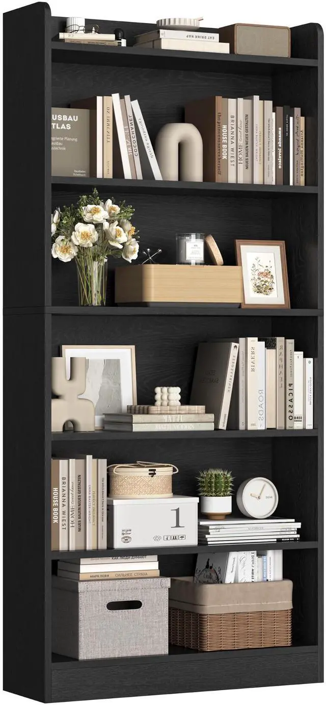 Main image of 6-Tier Open Bookcase and Bookshelf, Modern Simple Floor Standing Display Storage Shelves with Top Open Compartment for Home Office, Study, Living Room - Black