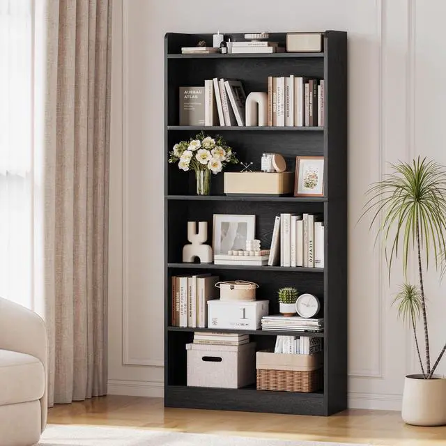 Alt view image 2 of 6 - 6-Tier Open Bookcase and Bookshelf, Modern Simple Floor Standing Display Storage Shelves with Top Open Compartment for Home Office, Study, Living Room - Black