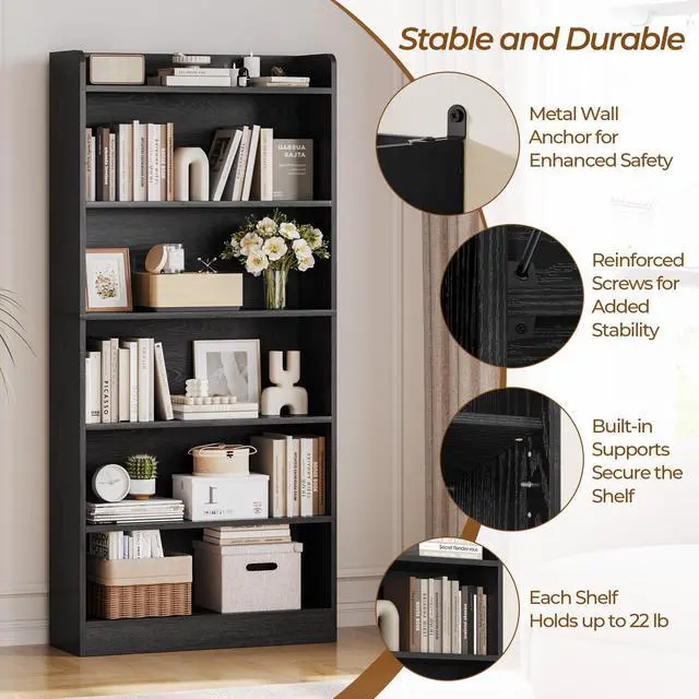 Alt view image 4 of 6 - 6-Tier Open Bookcase and Bookshelf, Modern Simple Floor Standing Display Storage Shelves with Top Open Compartment for Home Office, Study, Living Room - Black