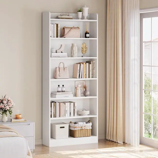 Alt view image 2 of 6 - 7-Tier Open Bookcase and Bookshelf, Modern Simple Floor Standing Display Storage Shelves with Top Open Compartment for Home Office, Study, Living Room - White