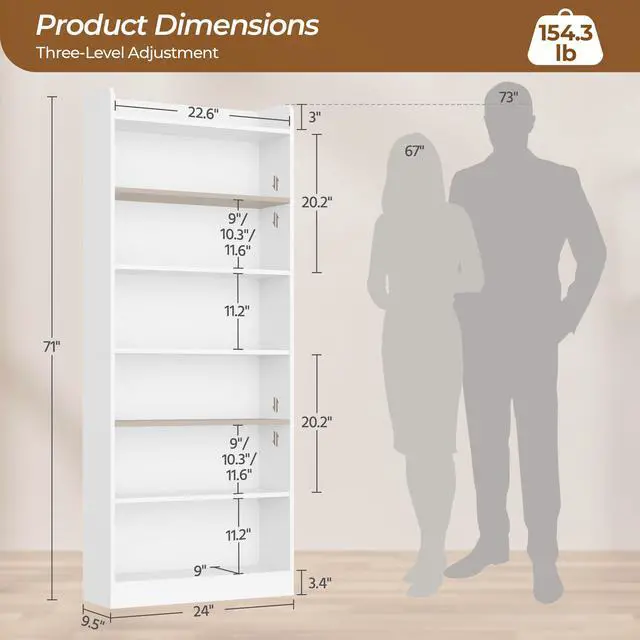 Alt view image 3 of 6 - 7-Tier Open Bookcase and Bookshelf, Modern Simple Floor Standing Display Storage Shelves with Top Open Compartment for Home Office, Study, Living Room - White