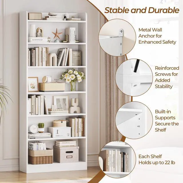 Alt view image 4 of 6 - 7-Tier Open Bookcase and Bookshelf, Modern Simple Floor Standing Display Storage Shelves with Top Open Compartment for Home Office, Study, Living Room - White