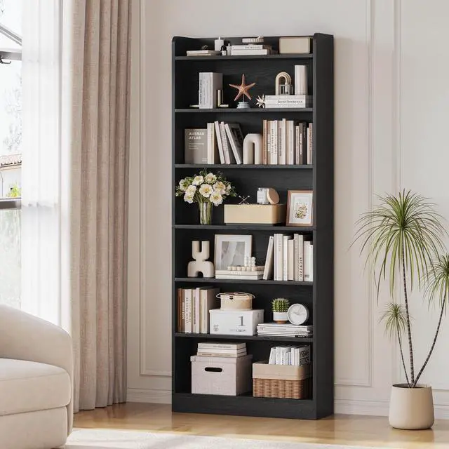 Alt view image 2 of 6 - 7-Tier Open Bookcase and Bookshelf, Modern Simple Floor Standing Display Storage Shelves with Top Open Compartment for Home Office, Study, Living Room - Black