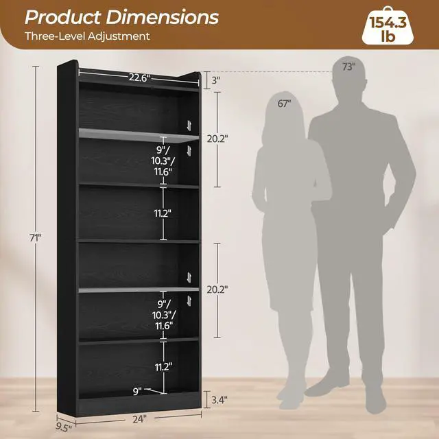 Alt view image 3 of 6 - 7-Tier Open Bookcase and Bookshelf, Modern Simple Floor Standing Display Storage Shelves with Top Open Compartment for Home Office, Study, Living Room - Black