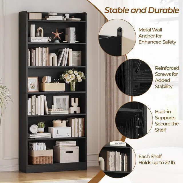 Alt view image 4 of 6 - 7-Tier Open Bookcase and Bookshelf, Modern Simple Floor Standing Display Storage Shelves with Top Open Compartment for Home Office, Study, Living Room - Black