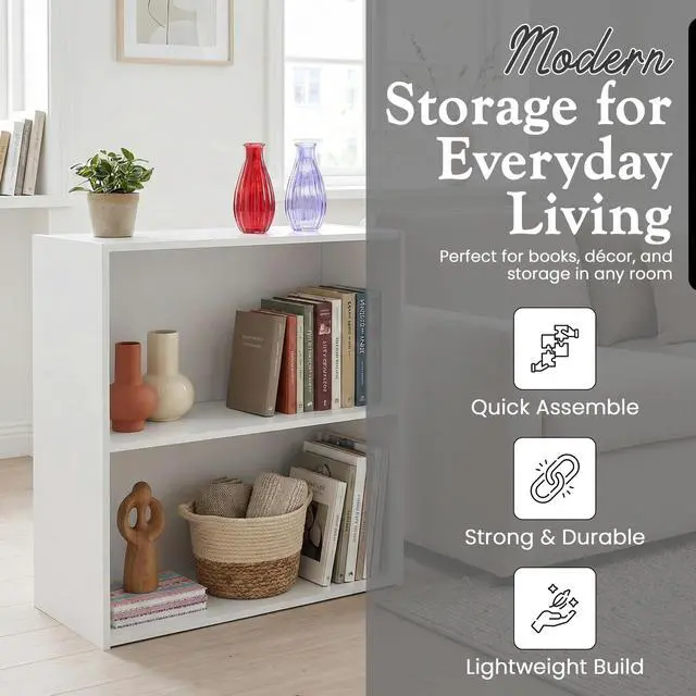 Alt view image 4 of 6 - White Wood 2-Tier Shelf Bookcase Storage Organizer