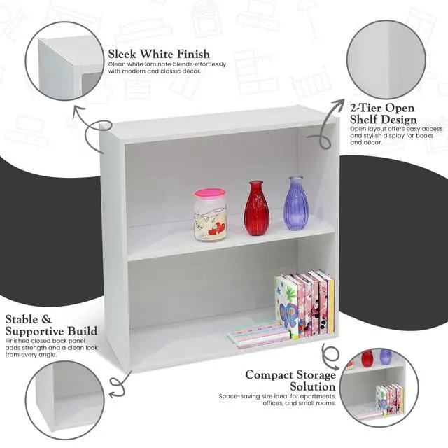 Alt view image 6 of 6 - White Wood 2-Tier Shelf Bookcase Storage Organizer