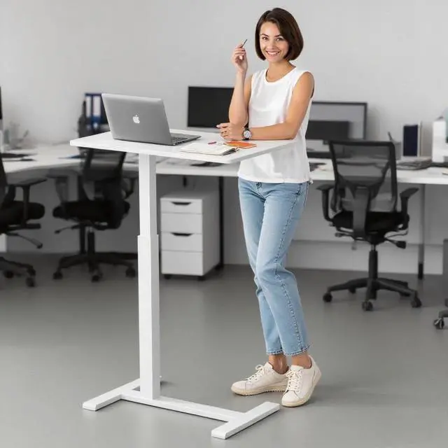 Alt view image 2 of 6 - Rolling Teacher Standing Desk with Hidden Wheels,Pneumatic Mobile Laptop Table Height Adjustable Small Sit Standing Desk for Home Office,White