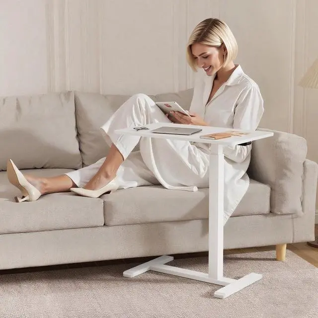 Alt view image 4 of 6 - Rolling Teacher Standing Desk with Hidden Wheels,Pneumatic Mobile Laptop Table Height Adjustable Small Sit Standing Desk for Home Office,White