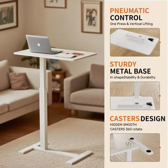 Alt view image 6 of 6 - Rolling Teacher Standing Desk with Hidden Wheels,Pneumatic Mobile Laptop Table Height Adjustable Small Sit Standing Desk for Home Office,White