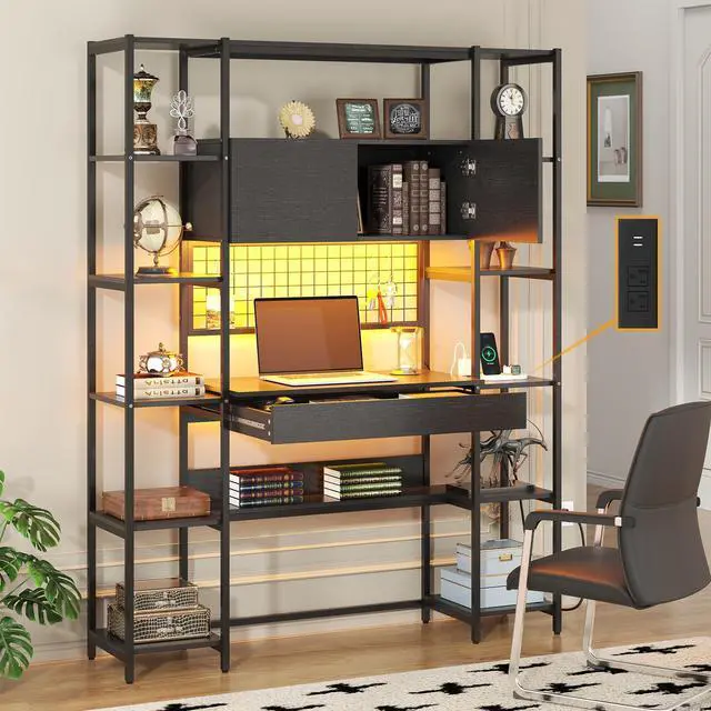 Main image of 5 Tiers Black Bookshelf with Home Office Desk and RGB Lights and Power Outlet, 71.1" Tall Book Shelf with Drawer & Storage Cabinet & 12 Storage Shelves, Large Bookcase with 2 Doors, Black
