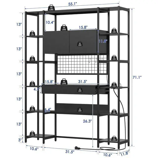 Alt view image 2 of 6 - 5 Tiers Black Bookshelf with Home Office Desk and RGB Lights and Power Outlet, 71.1" Tall Book Shelf with Drawer & Storage Cabinet & 12 Storage Shelves, Large Bookcase with 2 Doors, Black