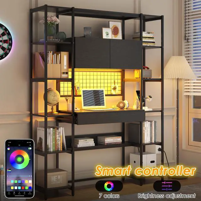Alt view image 3 of 6 - 5 Tiers Black Bookshelf with Home Office Desk and RGB Lights and Power Outlet, 71.1" Tall Book Shelf with Drawer & Storage Cabinet & 12 Storage Shelves, Large Bookcase with 2 Doors, Black