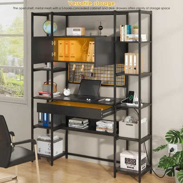 Alt view image 5 of 6 - 5 Tiers Black Bookshelf with Home Office Desk and RGB Lights and Power Outlet, 71.1" Tall Book Shelf with Drawer & Storage Cabinet & 12 Storage Shelves, Large Bookcase with 2 Doors, Black