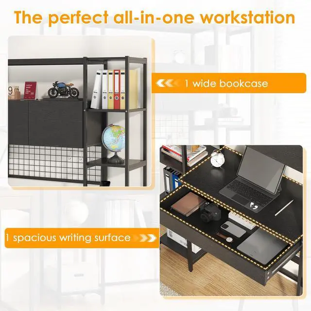Alt view image 6 of 6 - 5 Tiers Black Bookshelf with Home Office Desk and RGB Lights and Power Outlet, 71.1" Tall Book Shelf with Drawer & Storage Cabinet & 12 Storage Shelves, Large Bookcase with 2 Doors, Black