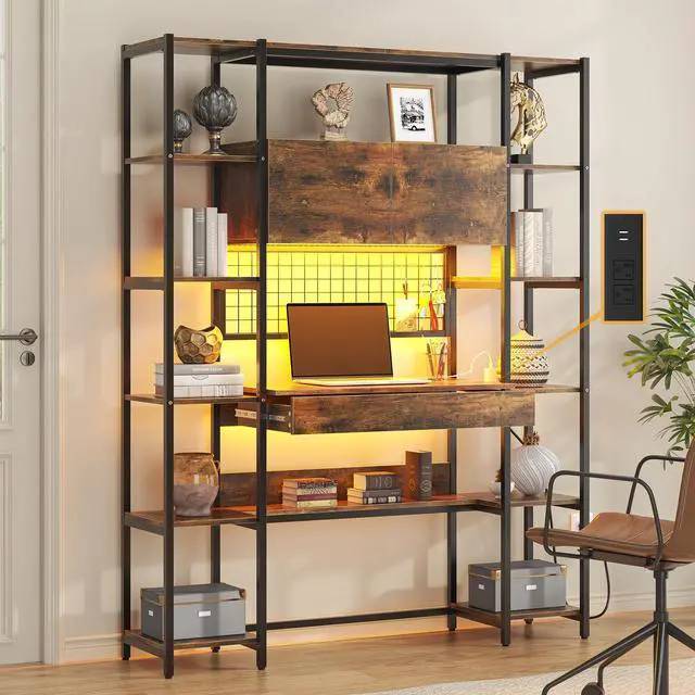 Main image of 5 Tiers Rustic Bookshelf with Home Office Desk and RGB Lights and Power Outlet, 71.1" Tall Book Shelf with Drawer & Storage Cabinet & 12 Storage Shelves, Large Bookcase with 2 Doors, Brown