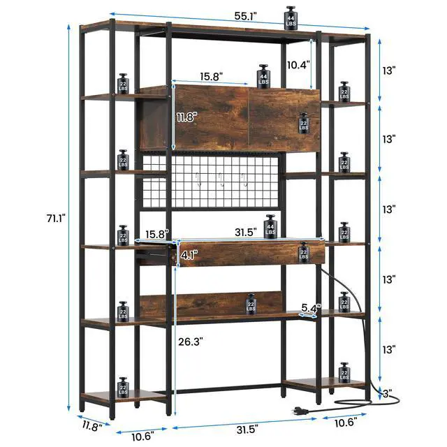 Alt view image 2 of 6 - 5 Tiers Rustic Bookshelf with Home Office Desk and RGB Lights and Power Outlet, 71.1" Tall Book Shelf with Drawer & Storage Cabinet & 12 Storage Shelves, Large Bookcase with 2 Doors, Brown