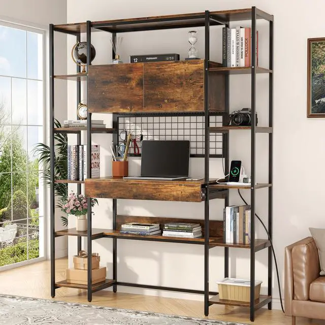 Alt view image 3 of 6 - 5 Tiers Rustic Bookshelf with Home Office Desk and RGB Lights and Power Outlet, 71.1" Tall Book Shelf with Drawer & Storage Cabinet & 12 Storage Shelves, Large Bookcase with 2 Doors, Brown