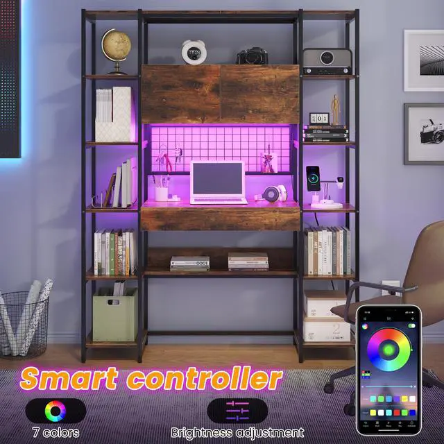 Alt view image 4 of 6 - 5 Tiers Rustic Bookshelf with Home Office Desk and RGB Lights and Power Outlet, 71.1" Tall Book Shelf with Drawer & Storage Cabinet & 12 Storage Shelves, Large Bookcase with 2 Doors, Brown