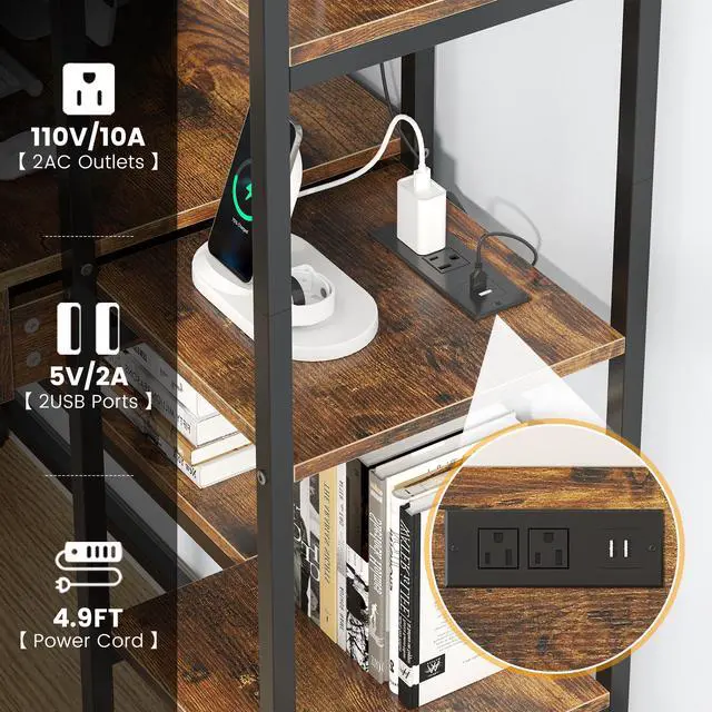 Alt view image 5 of 6 - 5 Tiers Rustic Bookshelf with Home Office Desk and RGB Lights and Power Outlet, 71.1" Tall Book Shelf with Drawer & Storage Cabinet & 12 Storage Shelves, Large Bookcase with 2 Doors, Brown
