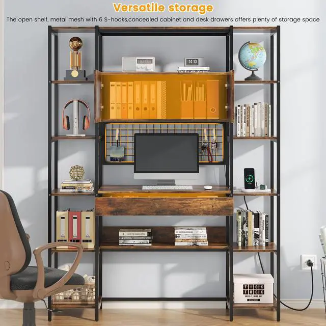 Alt view image 6 of 6 - 5 Tiers Rustic Bookshelf with Home Office Desk and RGB Lights and Power Outlet, 71.1" Tall Book Shelf with Drawer & Storage Cabinet & 12 Storage Shelves, Large Bookcase with 2 Doors, Brown