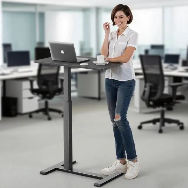 Alt view image 3 of 6 - Mobile Standing Desk with Wheels,Pneumatic Laptop Desk Height Adjustable,Rolling Teacher Overbed Bedside Table for Home,Office,Classroom,Black