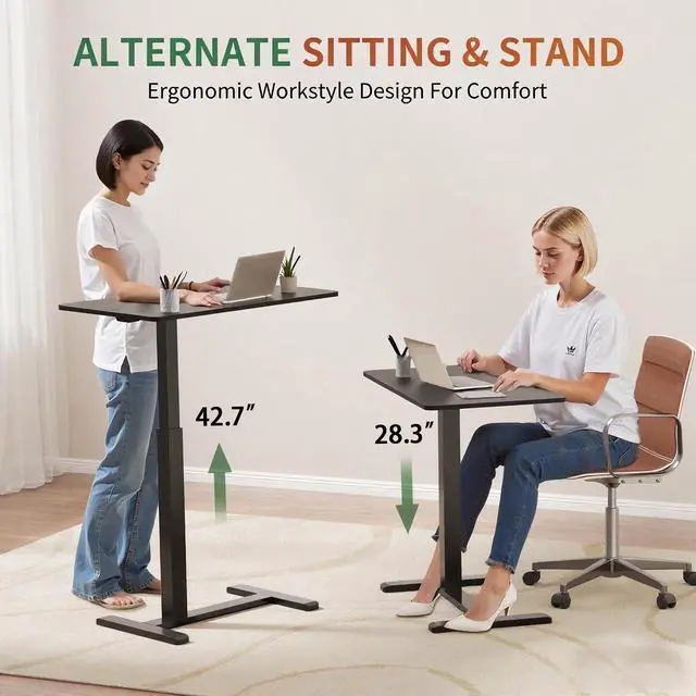 Alt view image 4 of 6 - Mobile Standing Desk with Wheels,Pneumatic Laptop Desk Height Adjustable,Rolling Teacher Overbed Bedside Table for Home,Office,Classroom,Black