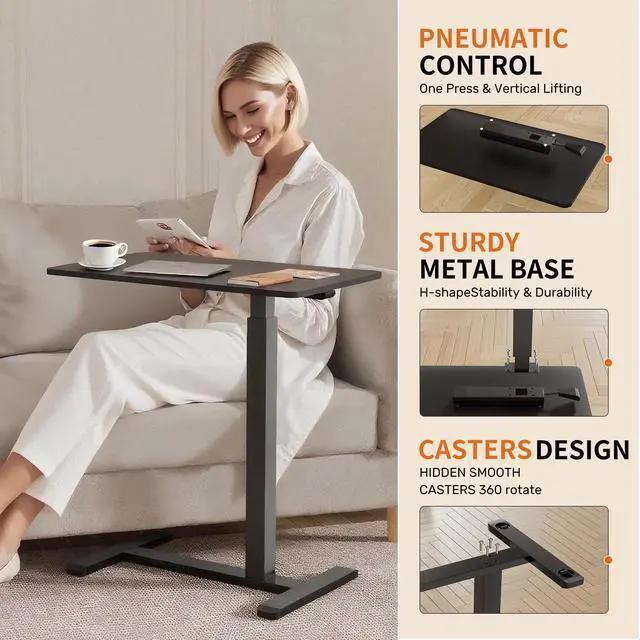 Alt view image 5 of 6 - Mobile Standing Desk with Wheels,Pneumatic Laptop Desk Height Adjustable,Rolling Teacher Overbed Bedside Table for Home,Office,Classroom,Black